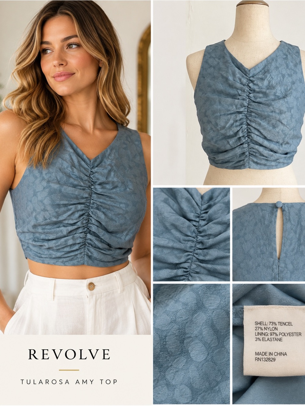 Tularosa Amy Sea Blue Ruched Crop Top Size Medium